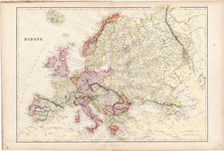 Európa térkép 1882, eredeti, Blackie, atlasz, politikai, ország, határ, monarchia, Magyarország
