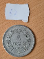 MINDEN FÉMPÉNZ 50 FT!!! FRANCIA 5 FRANCS FRANK 1945 #62