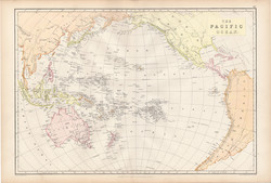 Csendes - óceán térkép 1882, eredeti, Blackie, atlasz, Ausztrália, Nagy óceán, Sandwich - szigetek