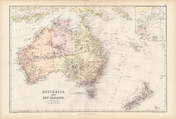 Ausztrália és Új - Zéland térkép 1882, eredeti, Blackie, atlasz, Tasmania, Csendes - óceán, sziget