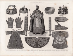 Történelem, kultúra, újkor (44), egyszínű nyomat 1875, német, koronázás korona, palást, kard, magyar