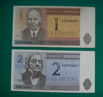 Észtország - 2 db-os lot - 1 és 2  Krooni Bankjegy -1992