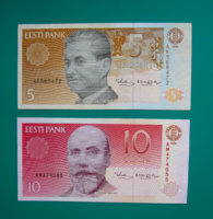Észtország - 2 db-os lot - 5 és 10  Krooni Bankjegy -1991