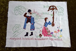 Embroidered needlework Hungarian Christian text pattern wall protector 75 x 55 cm 