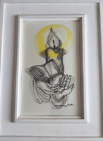 Macskássy izolda: candlelight (silk picture frame, 44x34 cm) hands, book, reading by candlelight