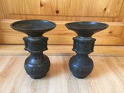 Oriental Japanese Chinese bronze vase pot pair marked 20cm