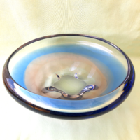 Kék, rózsaszín Cseh üveg tál, asztalközép (nagy méretű)