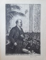 Ék Sándor: Lenin a Komintern III. kongresszusán, 1921 (rézkarc 40x28 cm, 1970)
