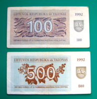 Lot of 2 Lithuanian banknotes - 100 and 500 talons - 1992 series