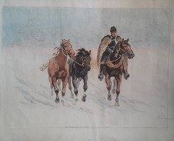 Benyovszky István: Vágta a hóban (59x48 cm, nyomat akvarellel kifestve) csikós, lovas, ló, betyár