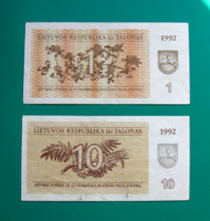 Litván 2 db-os bankjegy lot - 1 és 10 Talonas - 1992-es széria