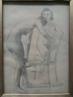 Two nudes with chairs, pencil drawing