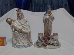 Régi, egyházi jellegű porcelán szobor, nipp, figura - két darab együtt