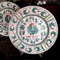 Deruta Italian hand painted ceramic bowls with green rooster and verde gallo majolica