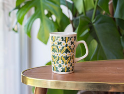 Gránit Kispest retro porcelán bögre - nagymama csésze, kakaós bögre - virágos mintával zöld és sárga