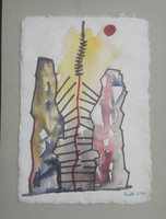 Béla Szeift: landscape (2007) watercolor 36x28 cm (contemporary Hungarian, xxi. Century, modern abstract)