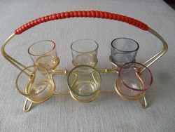 Retro színes ,lüszteres pálinkás pohár készlet alu tartóban