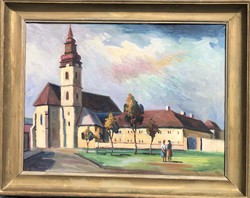 Szőke Győző (1899-1974) Szegedi ferences templom c. 60x80 cm olajfestménye