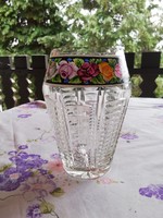 Eladó antik szecessziós üveg váza  kézzel festett rózsás rátéttel!