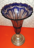 Régi fém talpas gyönyörű kékkristály váza