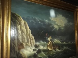 Ritka szép ! Kastélyba, kúriába való nagy méretű szignált  A. CUBERLE   1871 .Viharos tengeren képe