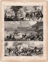 Európa népei, metszet 1849 (222), német, Brockhaus, eredeti, spanyol, bikaviadal, tánc, ló, hajtás