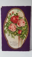 Régi rózsa virágos képeslap, üdvözlőlap, levelezőlap 1932