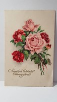 Régi rózsa virágos képeslap, üdvözlőlap, levelezőlap