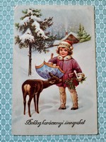 Régi karácsonyi képeslap 1935 L&P levelezőlap kislány őzike
