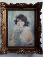 László Bartha: woman smoking a cigarette, oil painting
