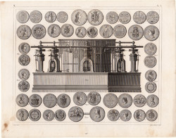 Arany pénzérmék, metszet 1860 (248), német, Brockhaus, eredeti, nyomat, érme, veret, London, gép