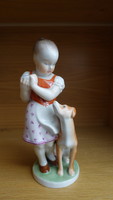 Herendi porcelán figura, szobor Kislány Kutyával 22cm