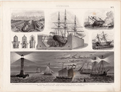 Úszó dokk, világítótorony, egyszín nyomat 1875 (21), német, Brockhaus, eredeti, jelzőhajó, hajó