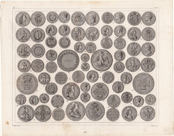 Arany pénzérmék, metszet 1860 (486), német, Brockhaus, eredeti, nyomat, érme, angol, olasz, holland