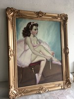 Bánáti eredeti rózsaszín ruhás balerina olaj-vászon festmény XX.sz