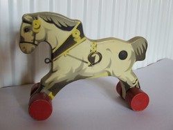 Régi,jelzett Gecevo német gyártmányú fajáték, faló, guruló ló, kerekes lovacska-igazi vintage darab