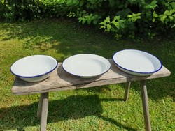 Vintage régi zománcos kék fehér zománcozott tányér mélytányér és tál tálca Bonyhád 3db