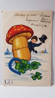 "Boldog Új évet" üdvözlőlap, levelezőlap 1940 gomba, kéményseprő ,lóhere, patkó
