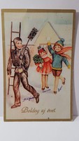 Régi képeslap "Boldog Új évet" üdvözlőlap, levelezőlap 1938 kéményseprő, gyerekek, lóhere
