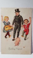 Régi képeslap "Boldog Újévet" üdvözlőlap, levelezőlap 1932, gyerekek, kéményseprő, malac