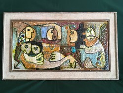 Exkluzív ritkaság! Bakó-Hetei Rozália csurgatott üvegmázas kerámia csempe faliképe 60x30cm