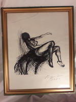 Signed Varga Imre Ink Drawing of a Female Nude or Screen-printed, Framed, Perfect Condition, Glass Cracked