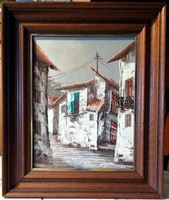 Jelzett, mediterrán utcákról 2 db festmény, keretezett méretük( 27x32,26x31)