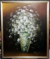 Csodálatos, attraktív,  fehér virágos csendélet( 50 x 60 ), gyönyörű keretben