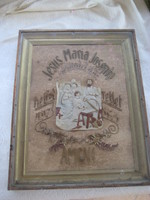 Old holy picture with embroidered letters, snow grass overlay, under glass 31 x 41 cm + frame
