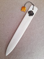 Art Nouveau bone leaf knife with silver relief and carved amber dangle