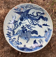 KÍNAI QING DINASZTIA NAGY KÉZZEL FESTETT PORCELÁN KÉK ÉS FEHÉR TÁNYÉR TÁL KÍNA JAPÁN CHINESE PLATE