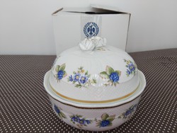 Hollóházi porcelán óriás kekszes, bonbonier 17.5 cm dobozában, Pannónia, szedres dekor