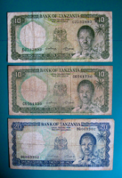TANZÁNIA - 10 Shillings  és 20 Shillings - 3 db-os Bankjegy lot  - 1966