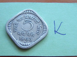 INDIA 5 NAYE PAISE 1963 diamond: (B, Mumbai, Bombay), Réz-nikkel #K